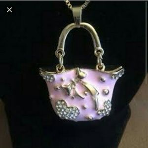 ✨️💖 BETSEY JOHNSON PINK CRYSTAL PURSE  NECKLACE CHARM 48" GOLD CHAIN ✨️